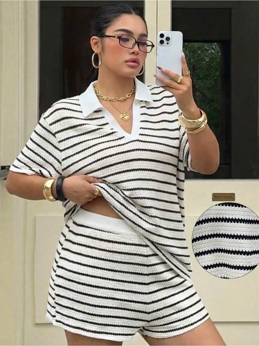 SHEIN Black and White Striped Knit Polo Top and Shorts Set